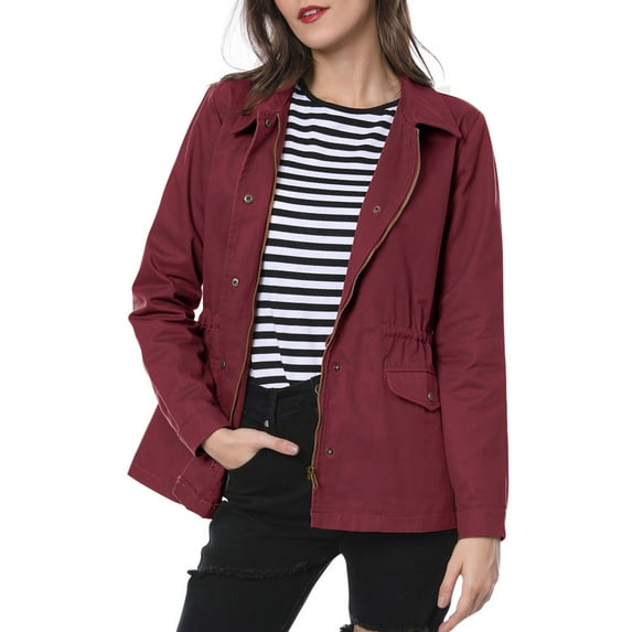 INSPIRE CHIC Women's Utility Jackets Drawstring Waist Flap Pocket Zip Button Jackets M Burgundy