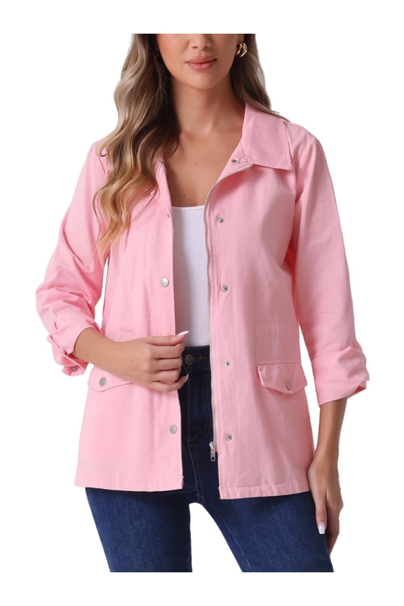 Women's Utility Jackets Drawstring Waist Flap Pocket Zip Button Jackets Pink S