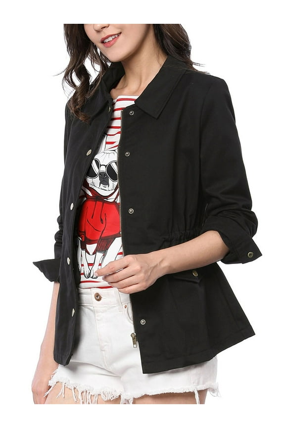 Women's Utility Jackets Drawstring Waist Flap Pocket Zip Button Jackets XL Black