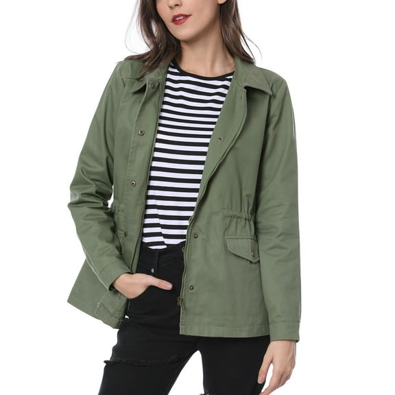 INSPIRE CHIC Women's Utility Jackets Drawstring Waist Flap Pocket Zip Button Jackets XL Green