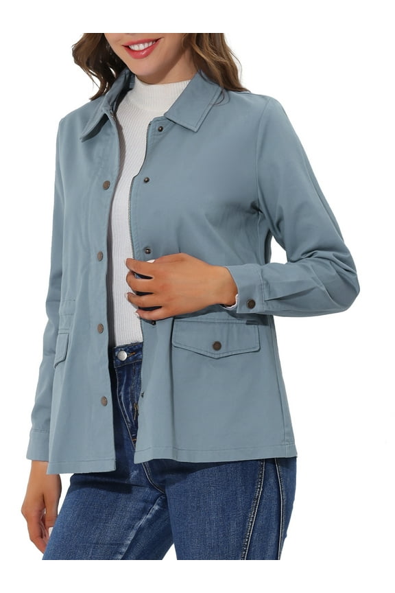 Women's Utility Jackets Drawstring Waist Flap Pocket Zip Button Jackets XL Grey Blue