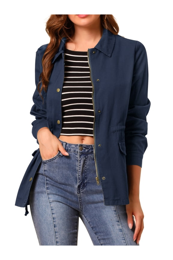 Women's Utility Jackets Drawstring Waist Flap Pocket Zip Button Jackets XL Navy Blue