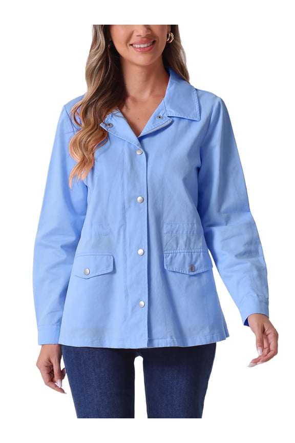 Women's Utility Jackets Drawstring Waist Flap Pocket Zip Button Jackets Light Blue XS
