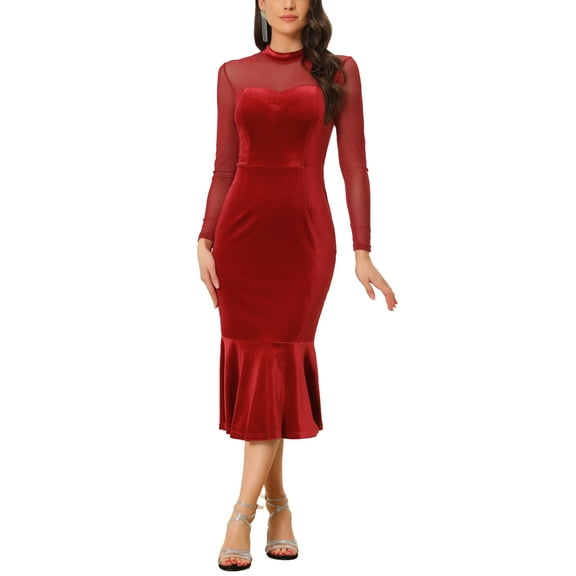 INSPIRE CHIC Women's Mermaid Velvet Bodycon Dress Sheer Mesh Mock Neck Midi Cocktail Dresses Dark Red L