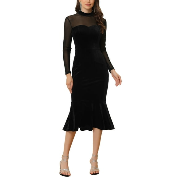 INSPIRE CHIC Women's Dress Elegant Velvet Sheer Mesh Mock Neck Midi Cocktail Dresses S Black