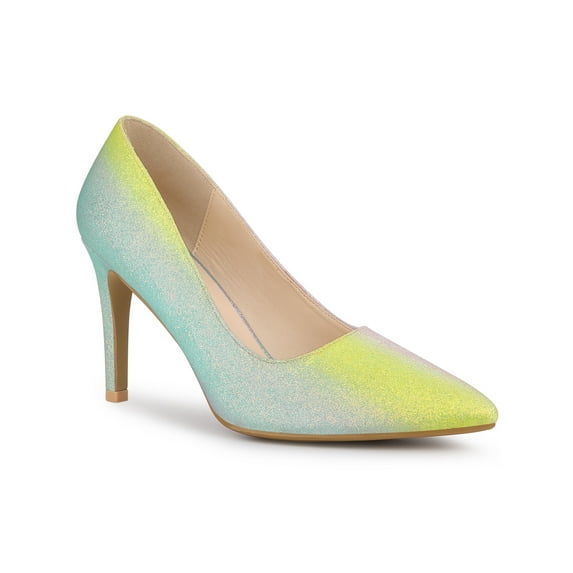 BLISSFUL STEP Women's Dress Shoes Glitter Pointed Toe Stiletto Heels Slip On Dress Pumps Rainbow Glitter 9.5