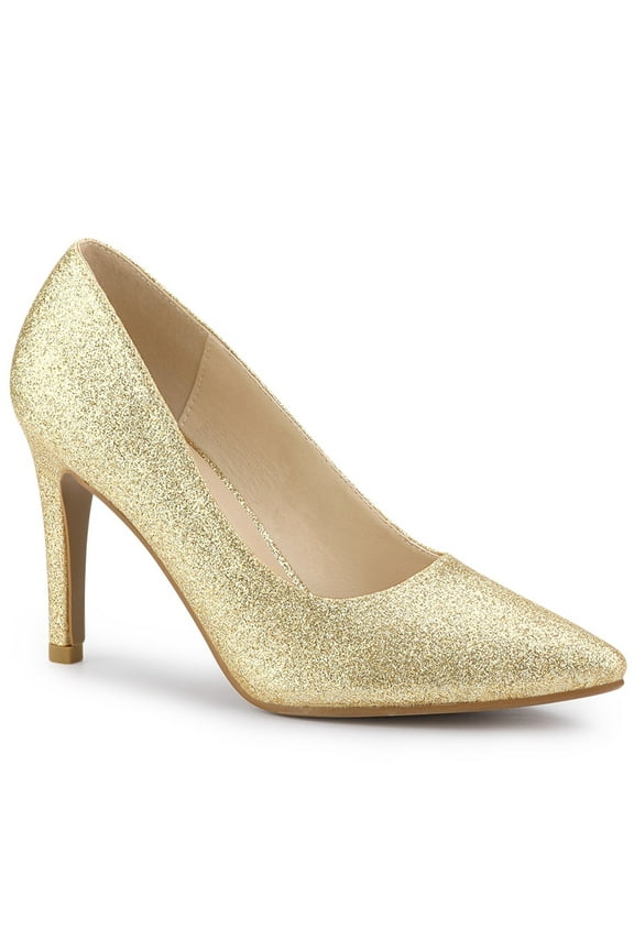 Women's Dress Shoes Glitter Pointed Toe Stiletto Heels Slip On Dress Pumps Gold 8.5