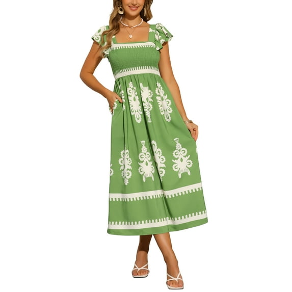 INSPIRE CHIC Women's Dress Square Neck Flutter Cap Sleeve Smocked Maxi Boho Sundress L Green