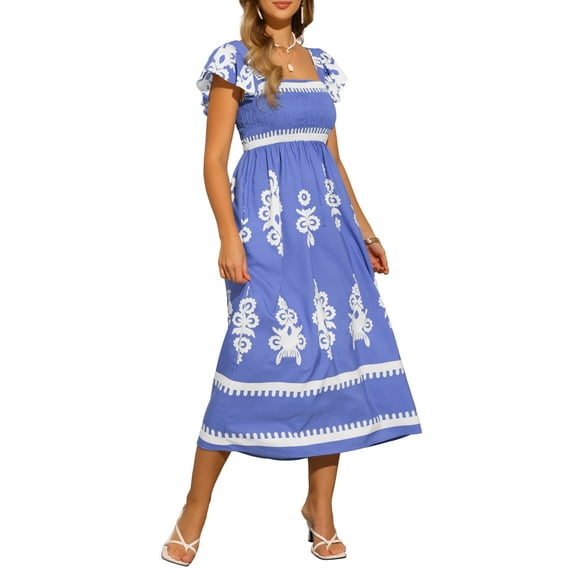 INSPIRE CHIC Women's Dress Square Neck Flutter Cap Sleeve Smocked Maxi Boho Sundress M Blue