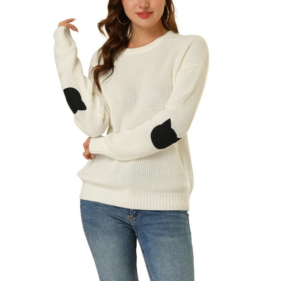 INSPIRE CHIC Women's Drop Shoulder Elbow Catsss Patch Loose Pullover Sweater XL White