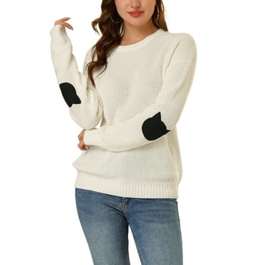 Allegra K Women's Drop Shoulder Elbow Cat Patch Loose Pullover Sweater XS White