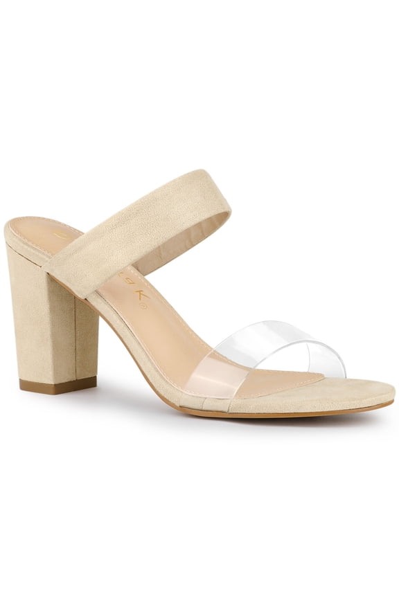 Women's Dual Clear Strap Block Heels Mules Slides Sandals Beige 9