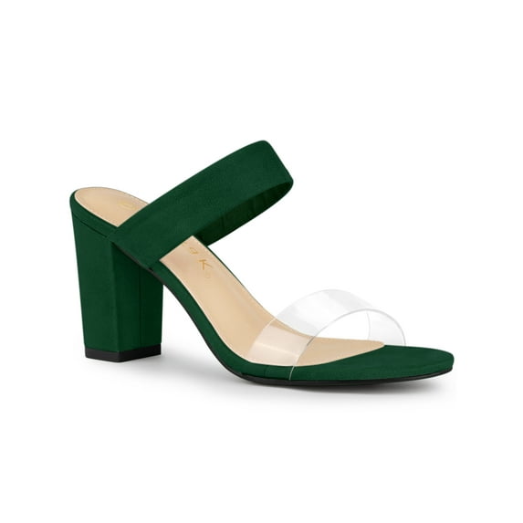 BLISSFUL STEP Women's Dual Clear Strap Block Heels Mules Slides Sandals Green 7