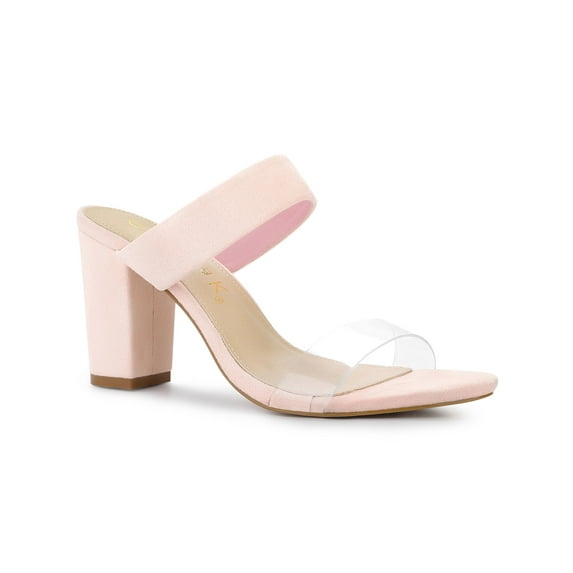BLISSFUL STEP Women's Dual Clear Strap Block Heels Mules Slides Sandals Pink 9