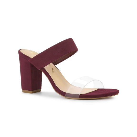 BLISSFUL STEP Women's Dual Clear Strap Block Heels Mules Slides Sandals Burgundy 10