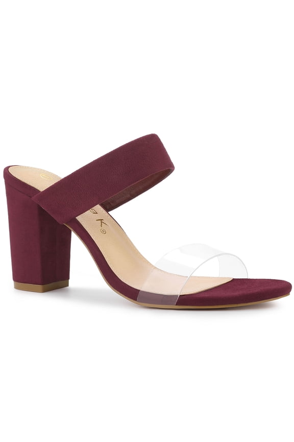 Women's Dual Clear Strap Block Heels Mules Slides Sandals Burgundy 9