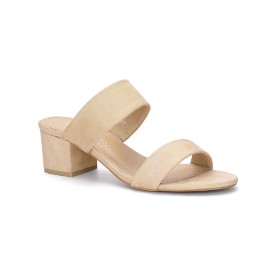 BLISSFUL STEP Women's Shoes Dual Straps Mid Block Heel Slide Sandals Beige 8.5