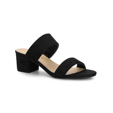 BLISSFUL STEP Women's Dual Straps Mid Chunky Heel Slide Sandals Black 6
