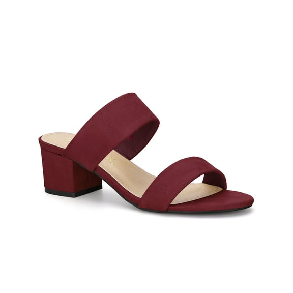 BLISSFUL STEP Women's Shoes Dual Straps Mid Chunky Heel Slide Sandals Burgundy 9
