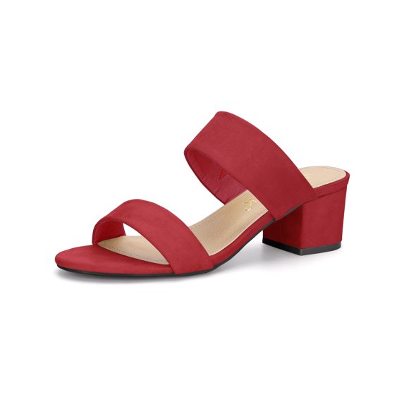 BLISSFUL STEP Women's Shoes Dual Straps Mid Block Heel Slide Sandals Red 6.5