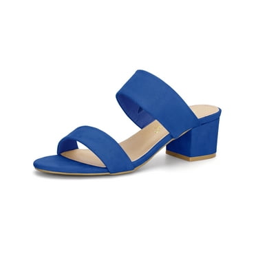 BLISSFUL STEP Women's Dual Straps Mid Chunky Heel Slide Sandals Royal Blue 7