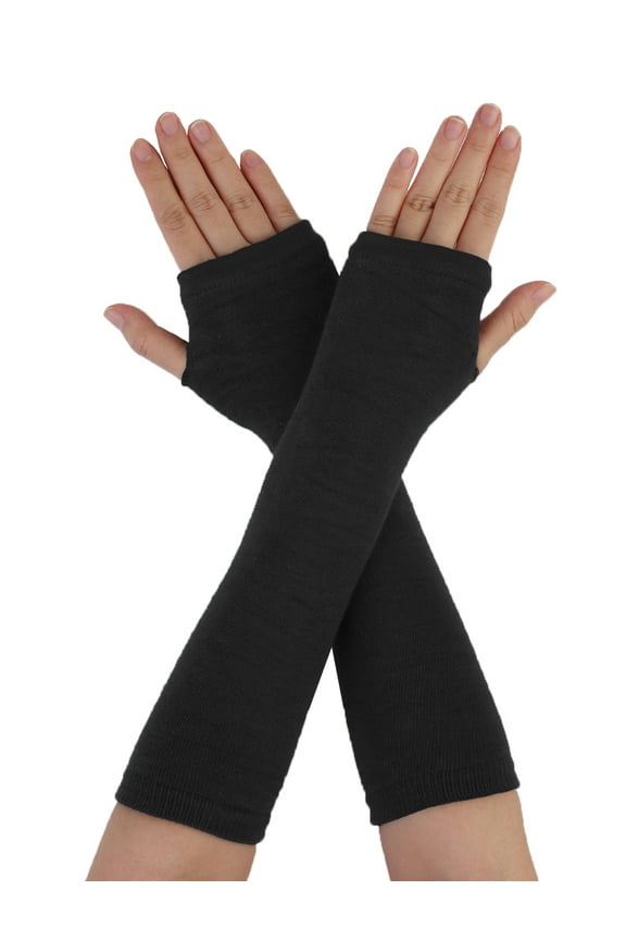Woman Elastic Fingerless Elbow Length Arm Hand Warmers Gloves 1 Pairs Black One Size