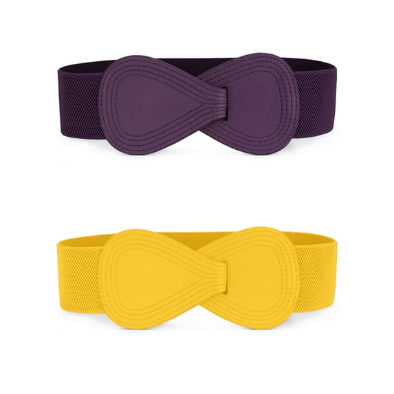 INSPIRE CHIC Women's Elastic Waist Belt Interlock 8-shaped Faux Leather Stretchy Dress Belts 68.6cm/27" Yellow & Purple