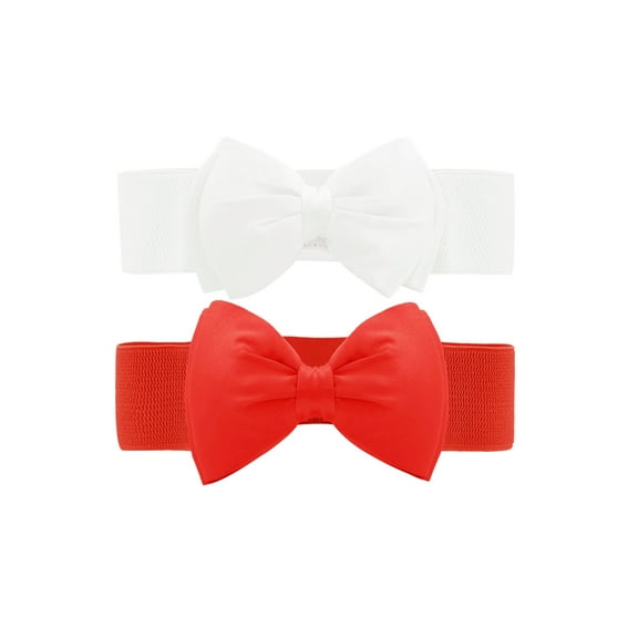 INSPIRE CHIC Women's 2Pcs Bowknot Elastic Belts, 2.4" Width Elegant Cute Stretchy Cinch Waistband for Dress Wedding 24 - 32" White Red