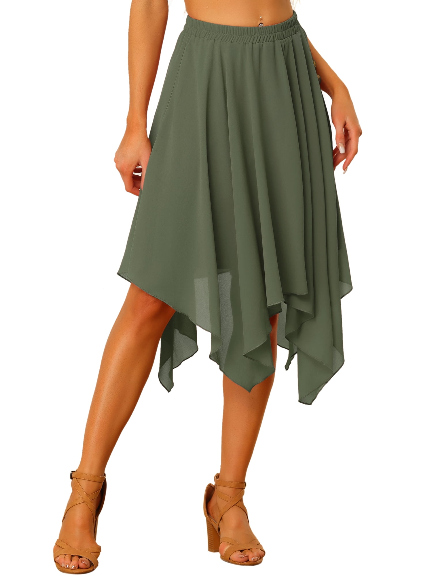 INSPIRE CHIC Women's Elastic Waist Chiffon Handkerchief Hem Flare