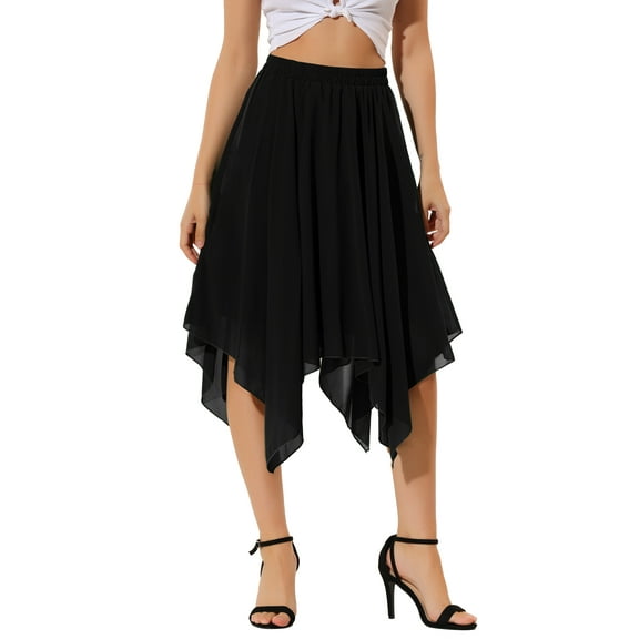 INSPIRE CHIC Women's Elastic Waist Chiffon Handkerchief Hem Flare Midi Skirt XL Black