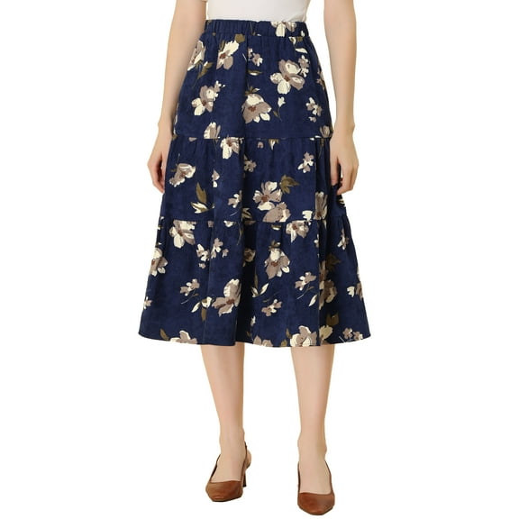 INSPIRE CHIC Women's Elastic Waist Layers Vintage Pockets Floral Midi Skirt Navy S