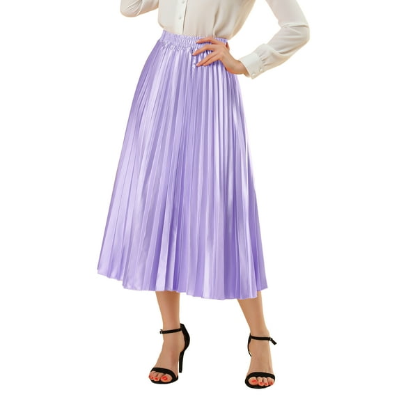 Allegra K Women's Elastic Waist Metallic Shiny Accordion Pleated Midi Skirt