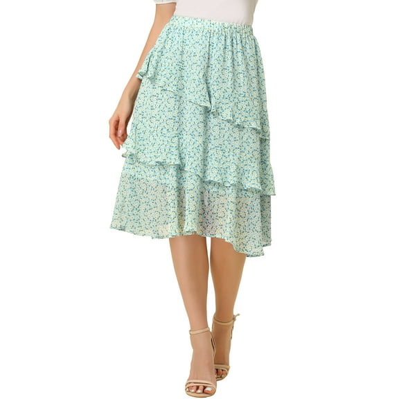 INSPIRE CHIC Women's Elastic Waist Ruffle Hem Layered Chiffon Midi Skirt Green S