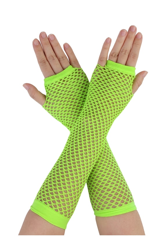 Women's Elbow Length Fingerless Fishnet Thumbhole Gloves 2 Pairs Green