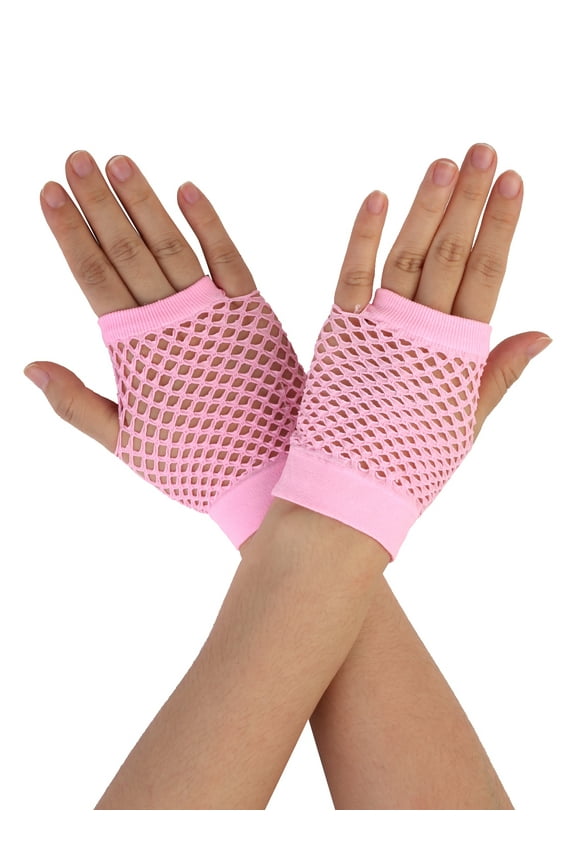 Women's Fingerless Mesh 1980s Fancy Dress Party Costume Accessories Fishnet Gloves Short-1Pair Pink
