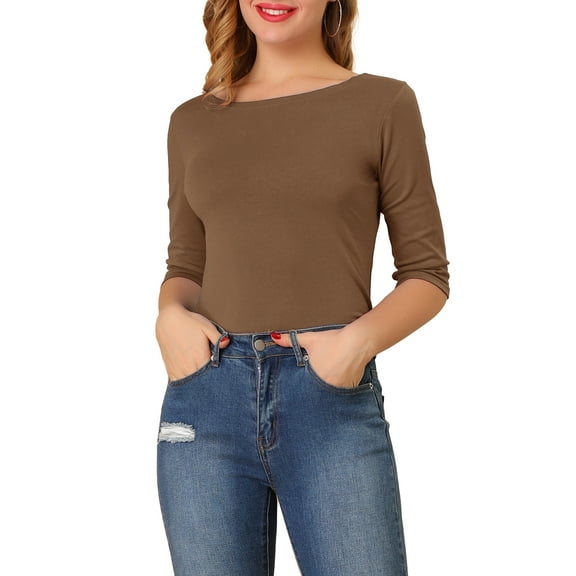 INSPIRE CHIC Women's Tops Elbow Sleeves Boat Neck Slim Fit Classic Casual Tee Shirt L Brown