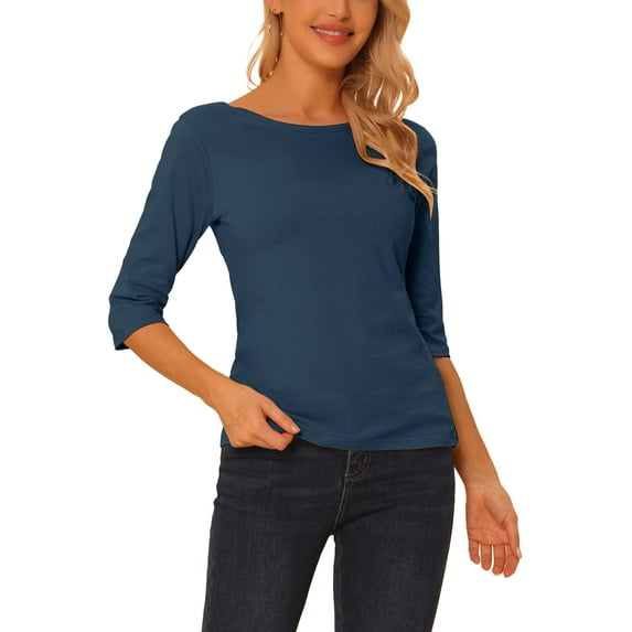 INSPIRE CHIC Women's Tops Elbow Sleeves Boat Neck Slim Fit Classic Casual Tee Shirt L Dark Blue