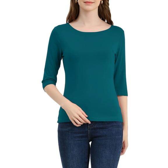 INSPIRE CHIC Women's Tops Elbow Sleeves Boat Neck Slim Fit Classic Casual Tee Shirt L Peacock Blue