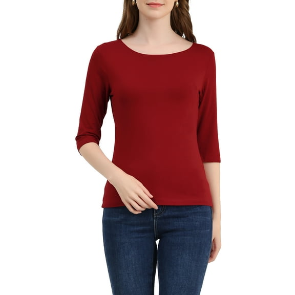 INSPIRE CHIC Women's Tops Elbow Sleeves Boat Neck Slim Fit Classic Casual Tee Shirt L Wine Red