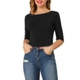 thumbnail image 1 of INSPIRE CHIC Women's Tops Elbow Sleeves Boat Neck Slim Fit Classic Casual Tee Shirt M Black, 1 of 7