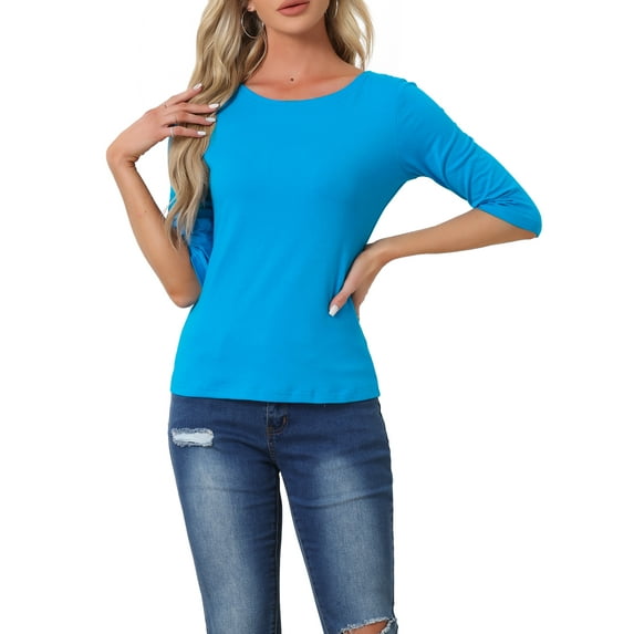INSPIRE CHIC Women's Tops Elbow Sleeves Boat Neck Slim Fit Classic Casual Tee Shirt M Lake Blue