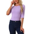 thumbnail image 1 of INSPIRE CHIC Women's Tops Elbow Sleeves Boat Neck Slim Fit Classic Casual Tee Shirt Light Purple M, 1 of 6
