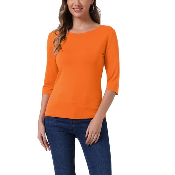 INSPIRE CHIC Women's Tops Elbow Sleeves Boat Neck Slim Fit Classic Casual Tee Shirt M Orange