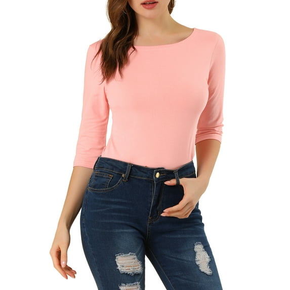 INSPIRE CHIC Women's Tops Elbow Sleeves Boat Neck Slim Fit Classic Casual Tee Shirt M Pink