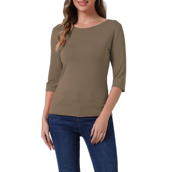 INSPIRE CHIC Women's Tops Elbow Sleeves Boat Neck Slim Fit Classic Casual Tee Shirt S Camel