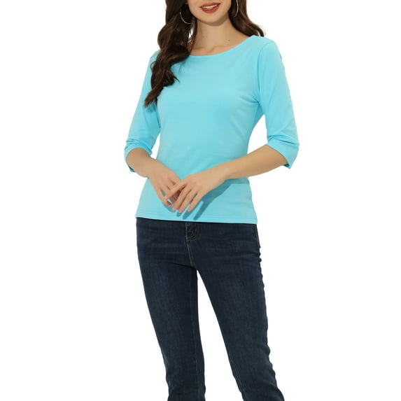 INSPIRE CHIC Women's Tops Elbow Sleeves Boat Neck Slim Fit Classic Casual Tee Shirt XL Aqua Blue