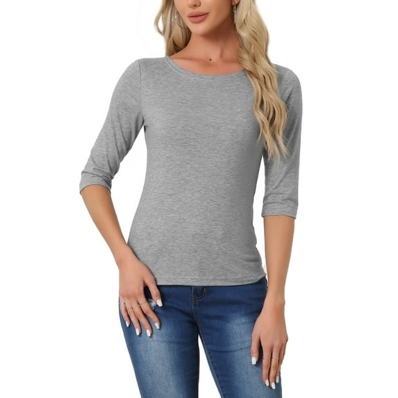 INSPIRE CHIC Women's Tops Elbow Sleeves Boat Neck Slim Fit Classic Casual Tee Shirt XL Light Gray