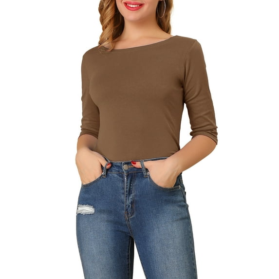 INSPIRE CHIC Women's Tops Elbow Sleeves Boat Neck Slim Fit Classic Casual Tee Shirt XS Brown