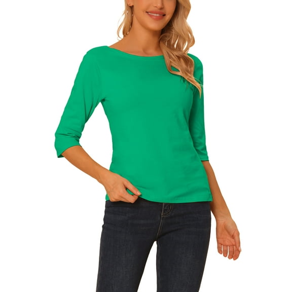 INSPIRE CHIC Women's Tops Elbow Sleeves Boat Neck Slim Fit Classic Casual Tee Shirt XS Greens