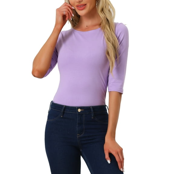 INSPIRE CHIC Women's Tops Elbow Sleeves Boat Neck Slim Fit Classic Casual Tee Shirt XS Light Purple